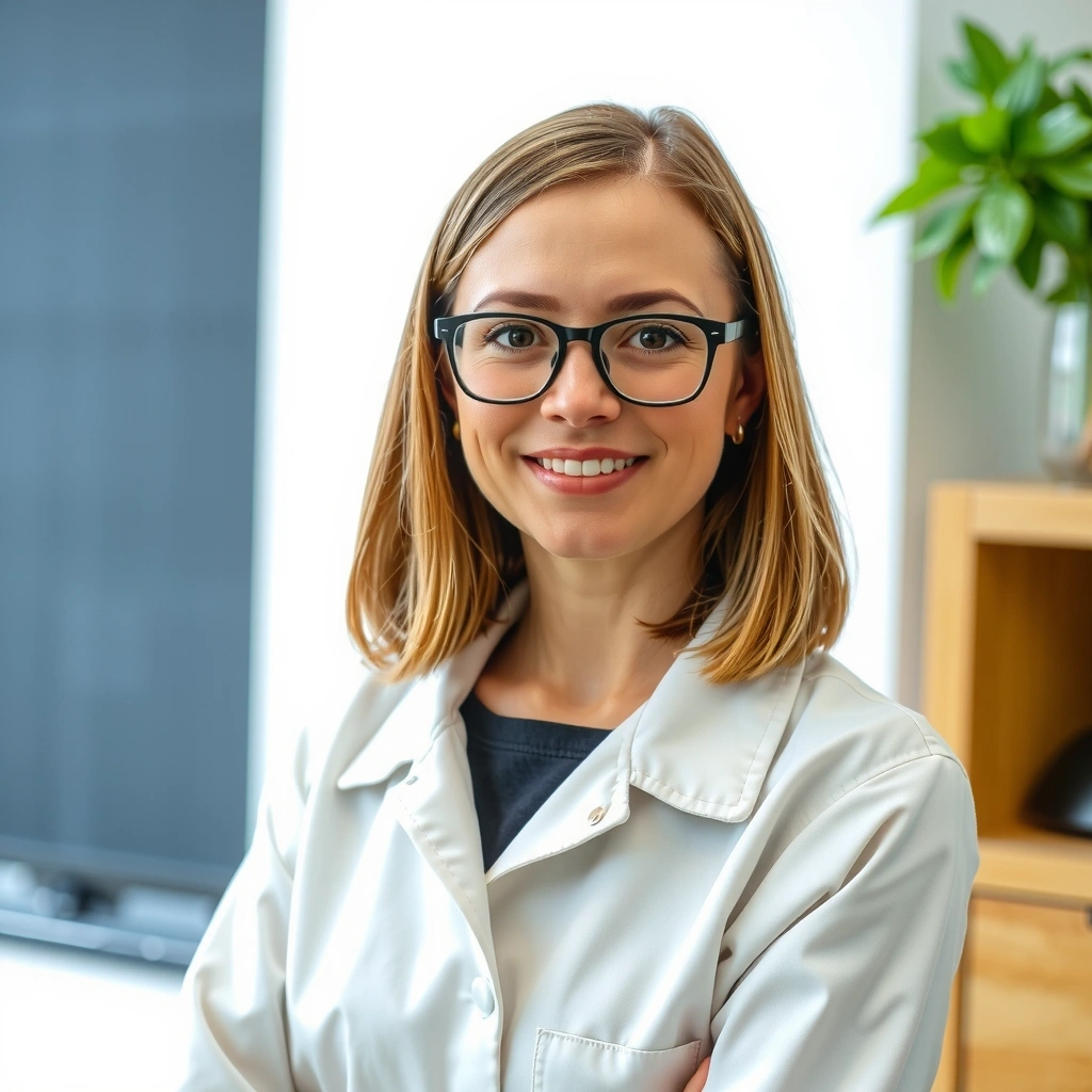 Portret Dr. Anny Kowalskiej, dietetyka klinicznego, uśmiechnięta kobieta w okularach