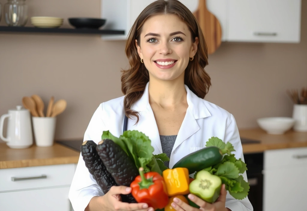 Portret dietetyka, uśmiechnięta kobieta w białym fartuchu, trzymająca świeże warzywa, w tle rozmazana kuchnia.