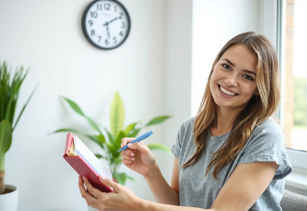 Zadowolona klientka po konsultacji dietetycznej, uśmiechnięta, trzymająca dzienniczek żywieniowy