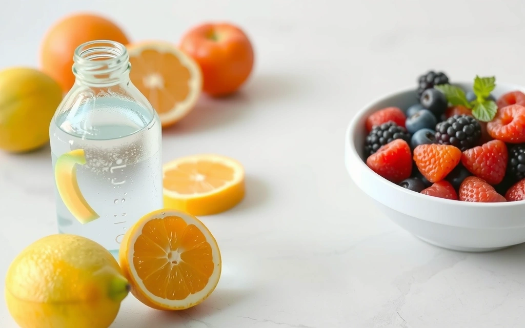 Butelka wody i świeże owoce, podkreślające znaczenie nawodnienia.