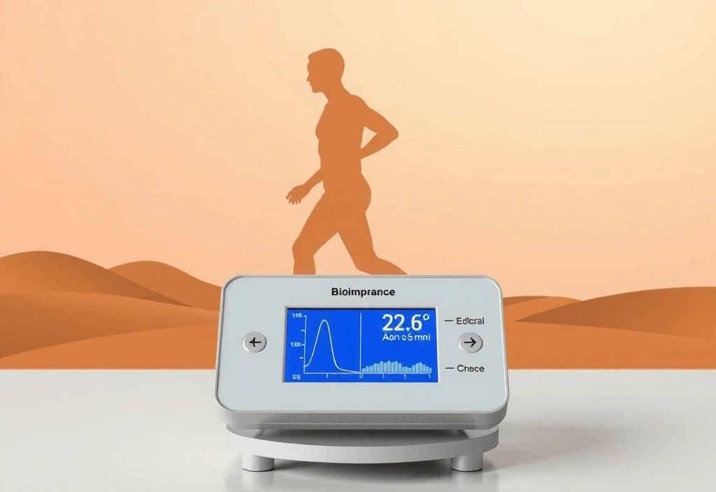 Urządzenie do analizy składu ciała na tle sylwetki człowieka.